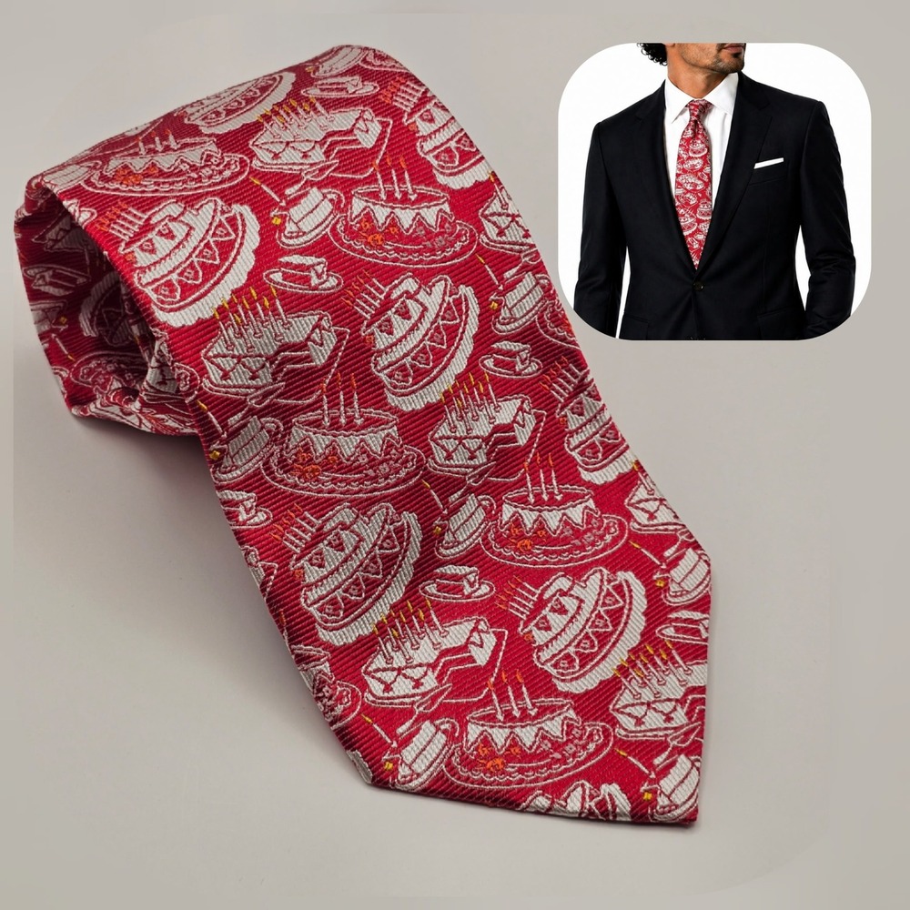 Ben Silver Silk Novelty Birthday Cake Tie Red Handmade in Italy Luxury Party Y2K
